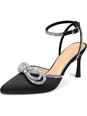 Women's High Heel Stiletto Pumps Black Bow Closed Toe Sparkly Rhinestones Ankle